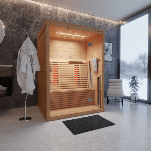 Dewello Infrarotkabine Palermo für 2 Personen aus Hemlock-Holz mit Vollspektrum- und Karbonstrahler.